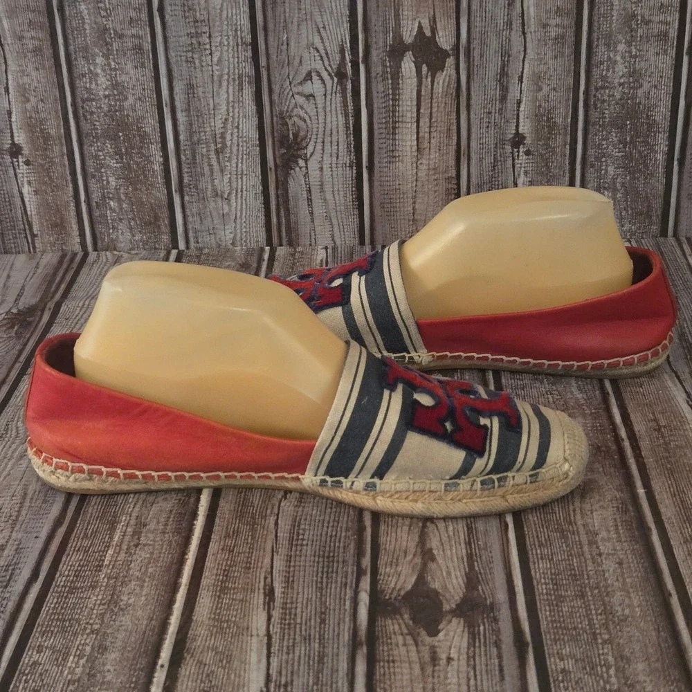 Sz 10 Tory Burch Ines Red Blue Stripe Canvas/ Leather Flat Espadrille Shoes